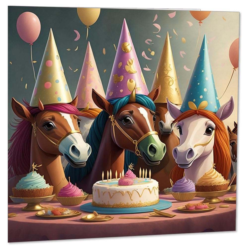 Horse Pony Birthday Card Horses Ponies Greeting Card 147mm x 147mm - Purple Fox Gifts