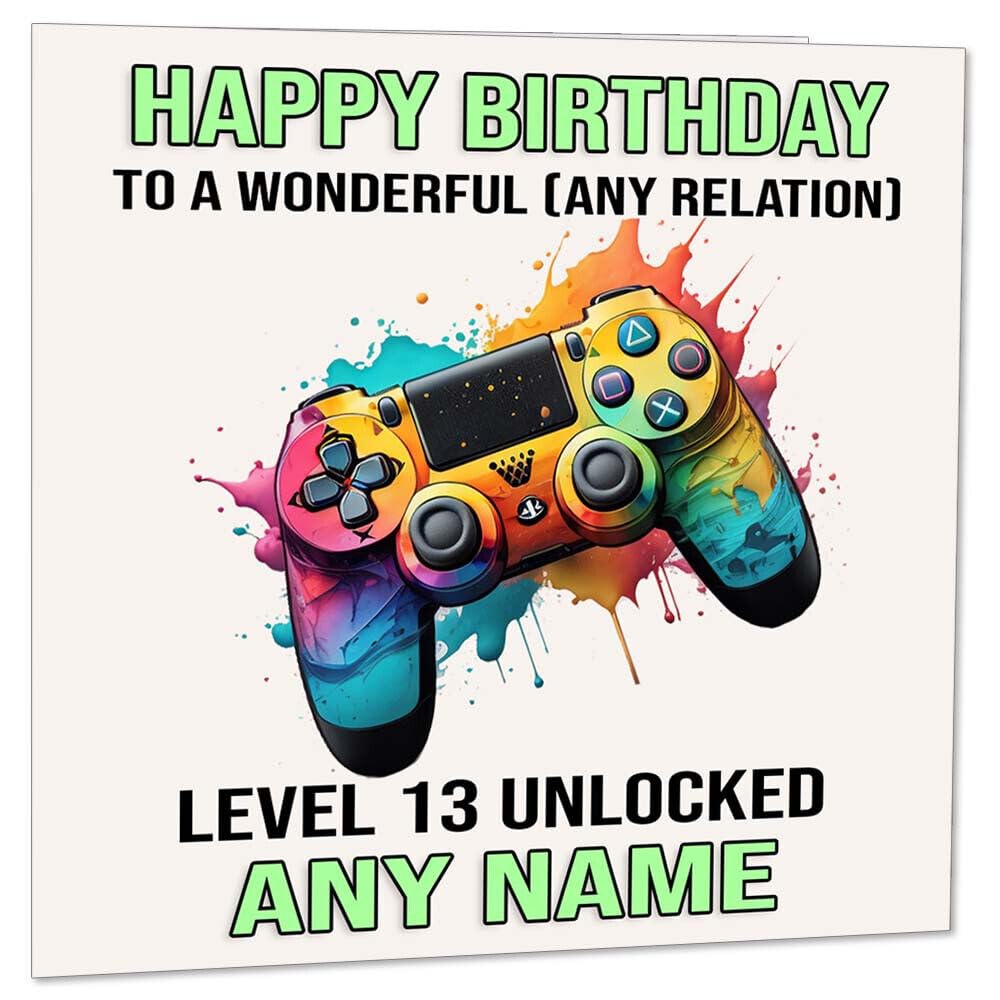 Personalised Gaming Birthday Card Gamer - Any Age - Teenager Boys 145 x 145mm - Purple Fox Gifts