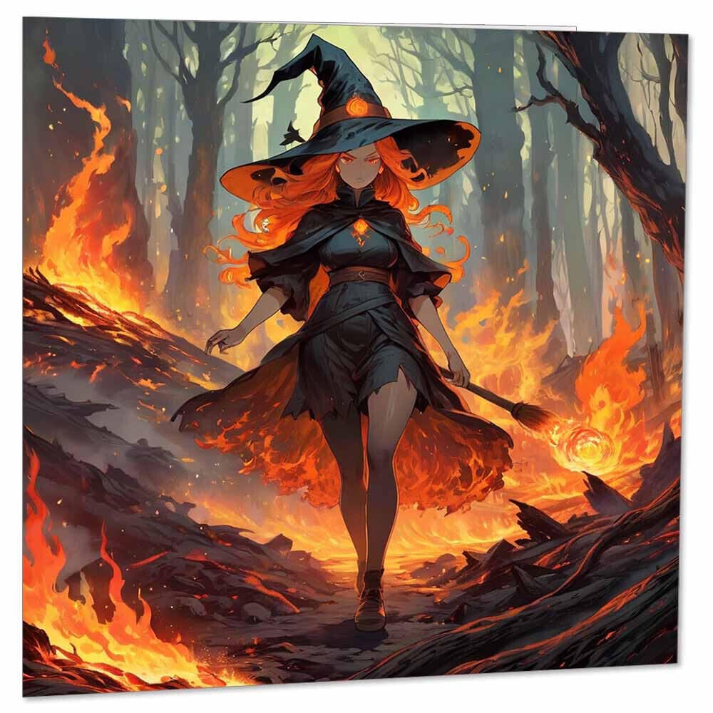 Anime Witch Greeting Card - Evil Fire Sorceress Flame Birthday Card 145 x 145mm - Purple Fox Gifts