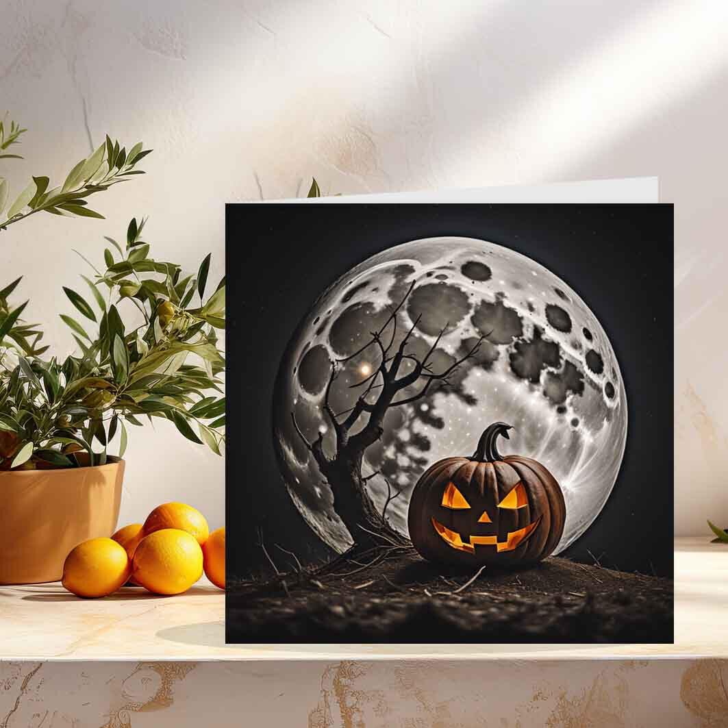 Halloween Card - Moon Pumpkin - Happy Halloween Cards 145 x 145mm - Purple Fox Gifts