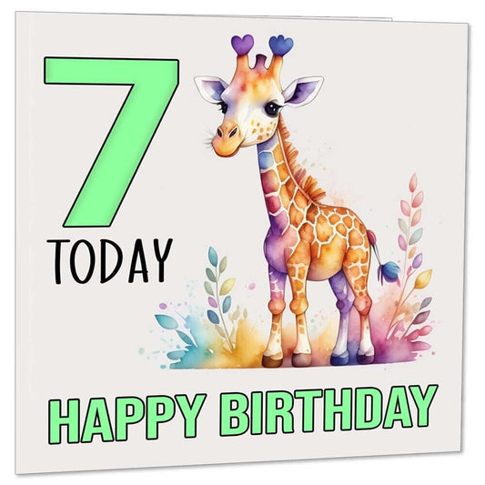 7th Birthday Card Kids Childrens 7 Years Old Watercolour Giraffe 145 x 145mm - Purple Fox Gifts