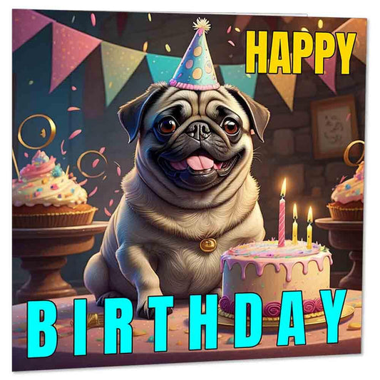 Pug Birthday Card - Cute Adorable Pug Dog Happy Birthday Cards 145 x 145mm - Purple Fox Gifts