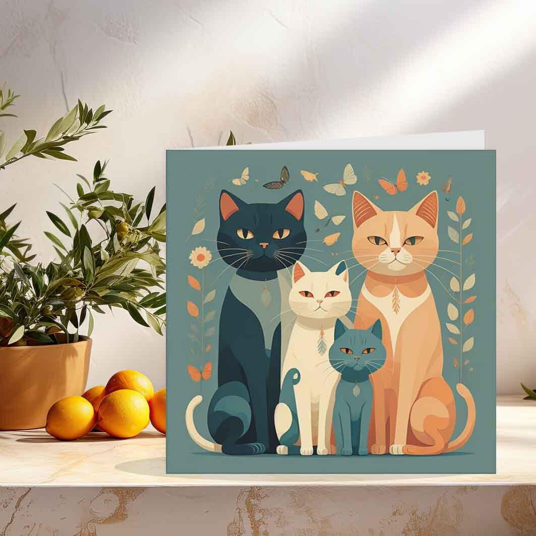 Cat Family Birthday Greeting Card - Cat Illustration Drawing 145 x 145mm - Purple Fox Gifts