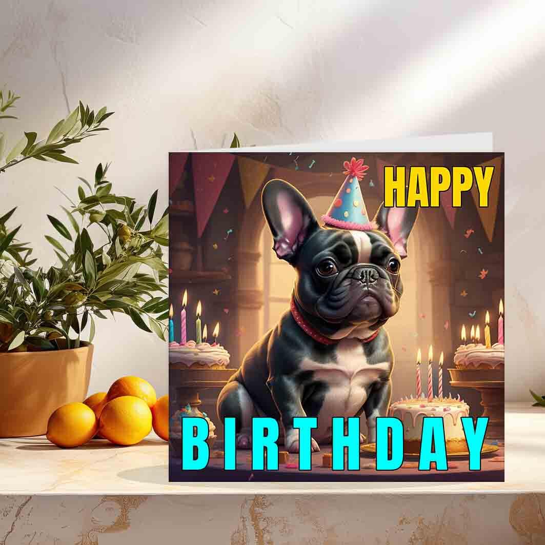 Cute French Bulldog Dog Birthday Card 145 x 145mm - Purple Fox Gifts