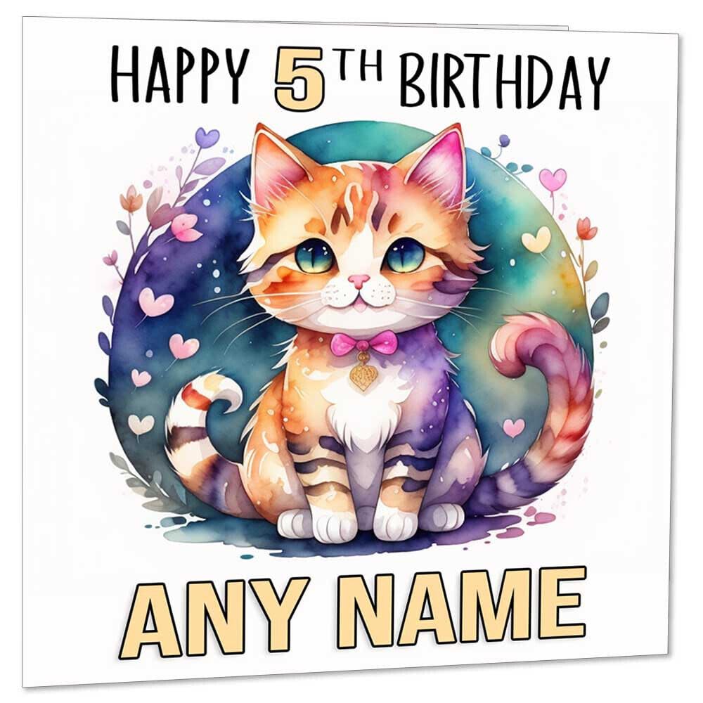 Personalised Kids Birthday Card - Custom Age - Cute Childrens Watercolour Cat - Purple Fox Gifts