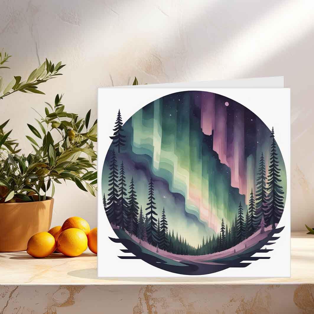 Aurora Borealis Greeting Card Northern Lights Card 145 x 145mm - Purple Fox Gifts