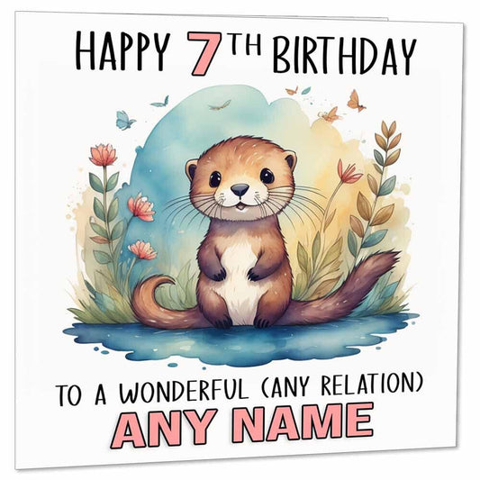Kids Otter Birthday Card Personalised - Any Age & Name - Boys Girls 145 x 145mm - Purple Fox Gifts
