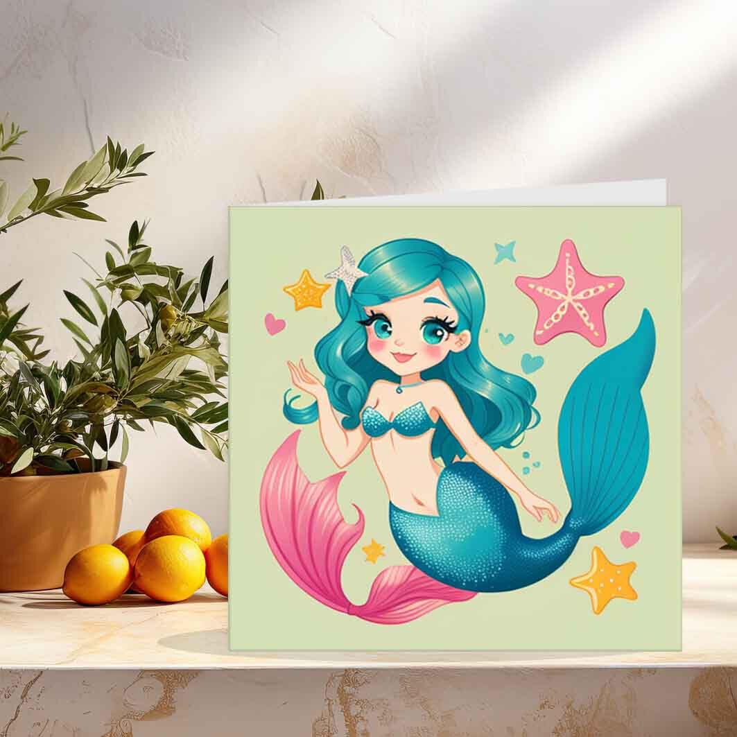 Cute Mermaid Card - Greeting/Birthday Card for Kids Children 145 x 145mm - Purple Fox Gifts