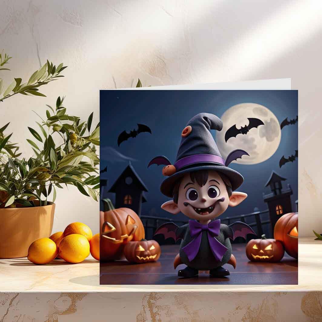 Kids Halloween Cards Cute Spooky Bats Pumpkins Happy Halloween Card 145 x 145mm - Purple Fox Gifts