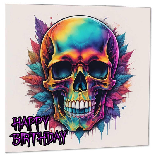 Colourful Skull Birthday Card - Skull Gothic Vibrant Neon Bday Card 145 x 145mm - Purple Fox Gifts