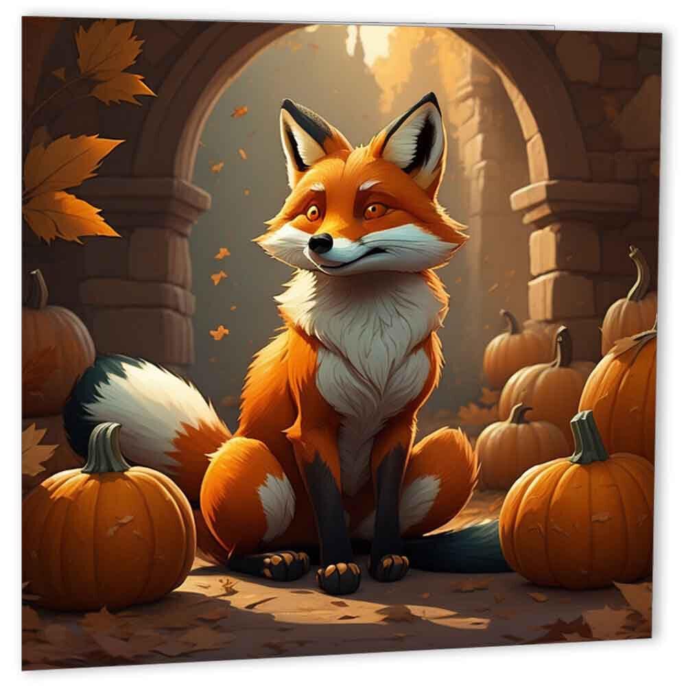 Fox with Pumpkins Greeting Card foxes greeting card Cute 147mm x 147mm - Purple Fox Gifts