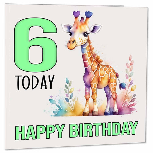 6th Birthday Card Kids Childrens 6 Years Old Watercolour Giraffe 145 x 145mm - Purple Fox Gifts