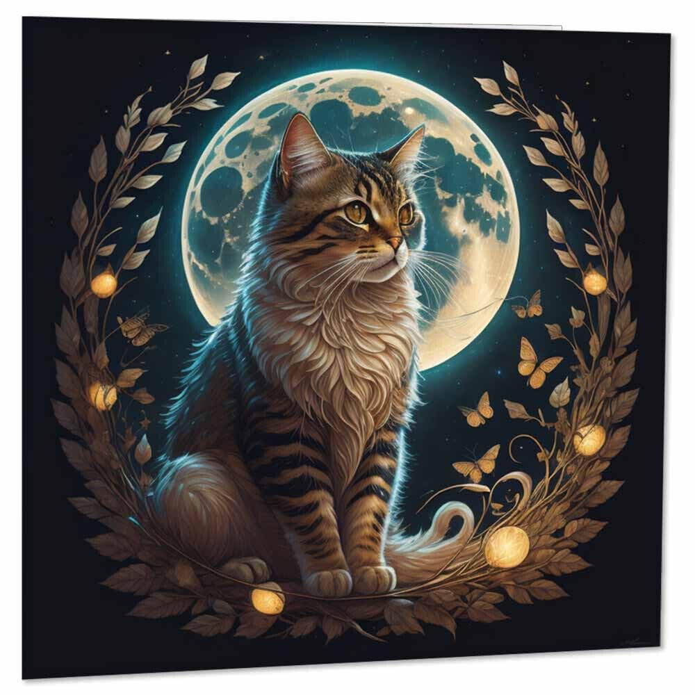 Cat Moon Greeting Card - Beautiful Cat Birthday Card - Cat Cards 145 x 145mm - Purple Fox Gifts