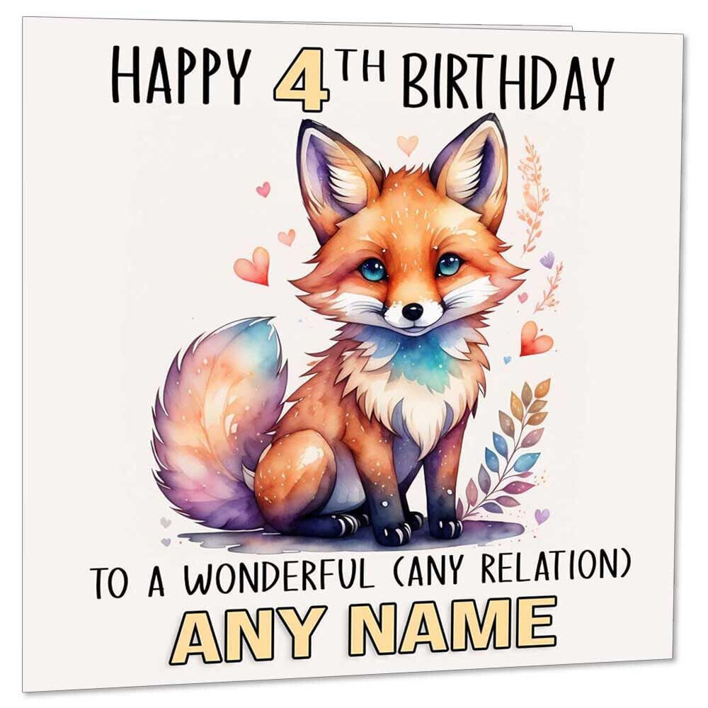 Personalised Kids Watercolour Fox Birthday Card - Any Age Kids Boys Girls Cute - Purple Fox Gifts