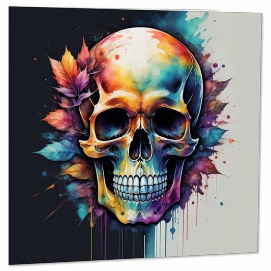 Watercolour Skull Greeting Card - Colour splash Skull Card 145 x 145mm - Purple Fox Gifts