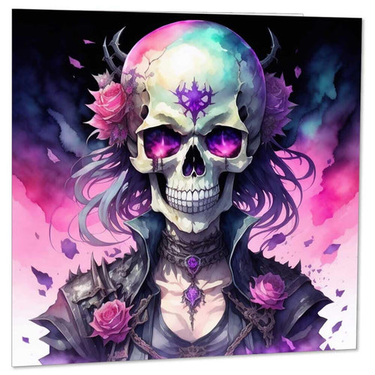 Gothic Skull Punk Greeting Card - Skeleton Demon Lich bday Card 145 x 145mm - Purple Fox Gifts