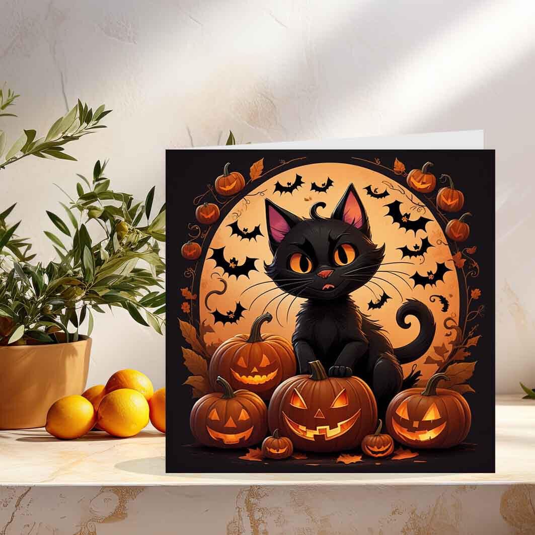 Halloween Cards - Black Cat Pumpkin Bats Autumn Cute Halloween Cards 145 x 145mm - Purple Fox Gifts