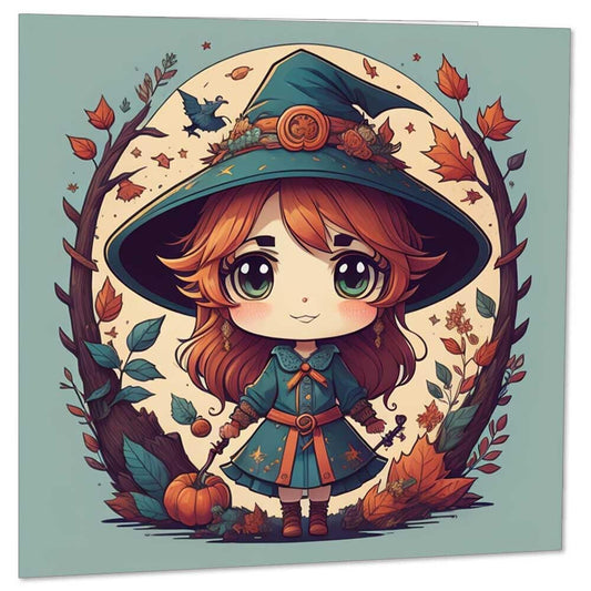 Kawaii Witch Girl Birthday Card - Cute Chibi Halloween Forest Witch 145 x 145mm - Purple Fox Gifts