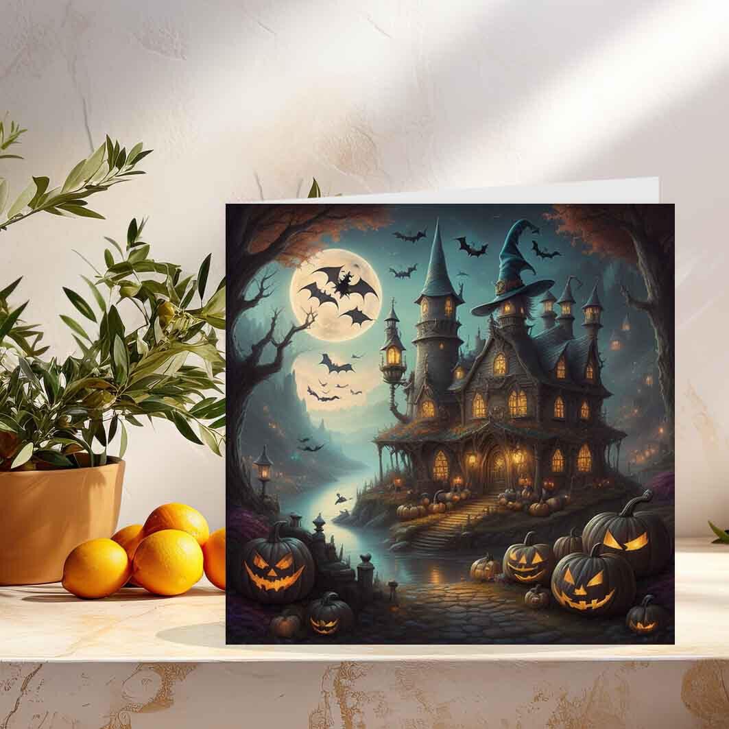 Halloween Cards - Haunted House - Spooky Happy Halloween Card 145 x 145mm - Purple Fox Gifts