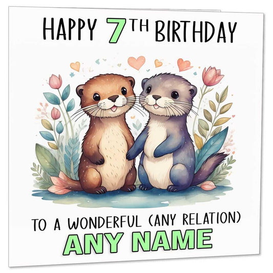 Personalised Kids Otter Birthday Card - Any Age & Name - Boys Girls 145 x 145mm - Purple Fox Gifts