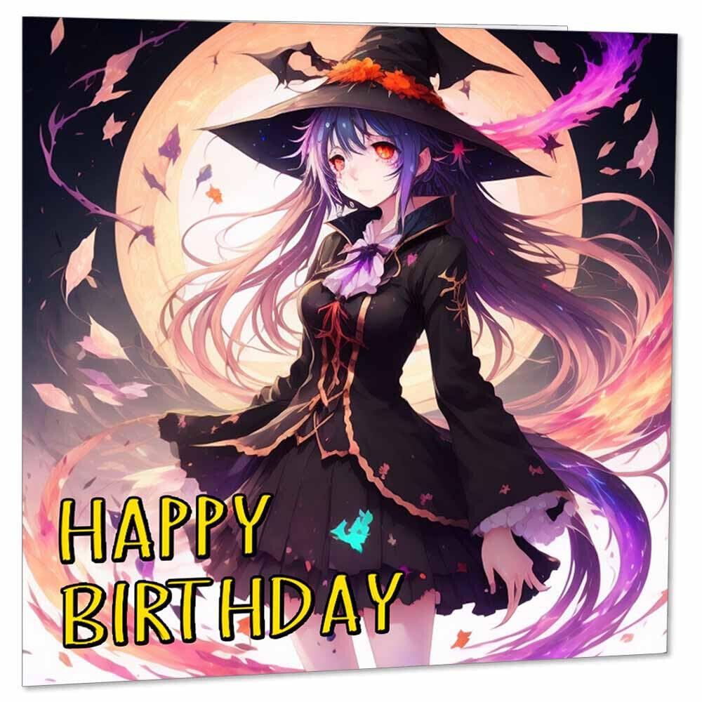 Anime Witch Birthday Card - Greeting Card Cute Anime Girl Witches 145 x 145mm - Purple Fox Gifts