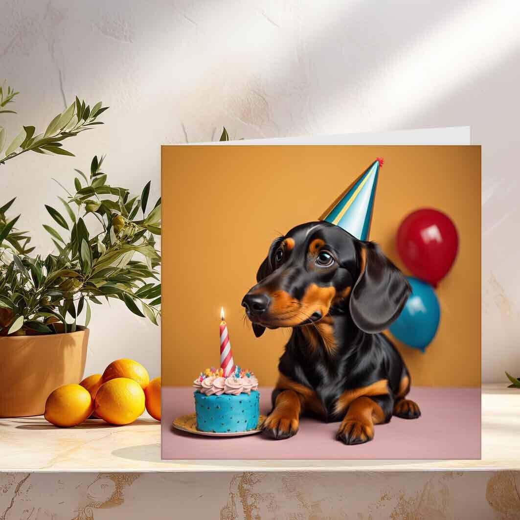 Dachshund Birthday Card Cute Sausage Dog Birthday Card 147 x 147mm - Purple Fox Gifts