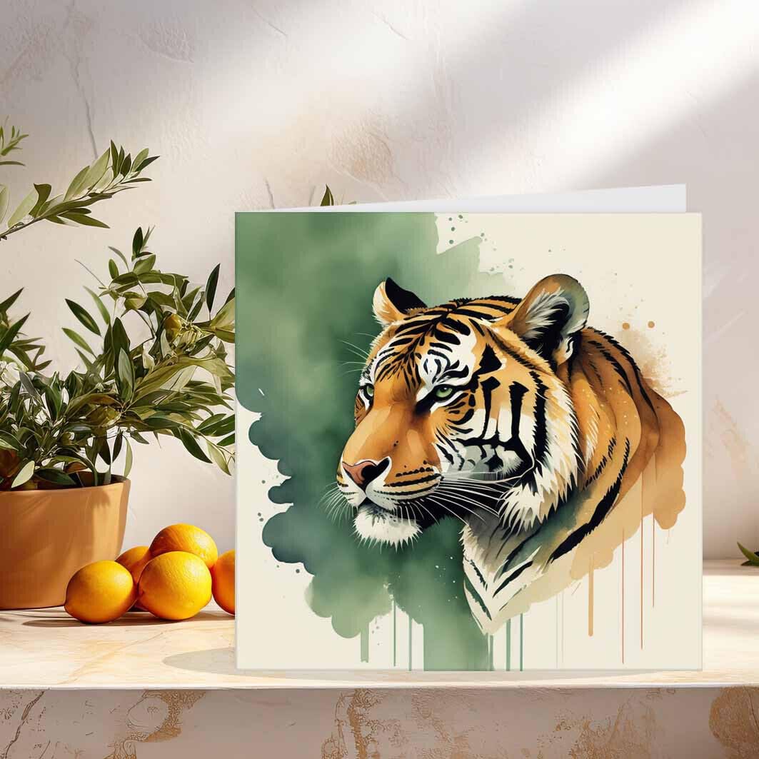 Tiger Greeting Card - Watercolour Tiger Cards 145 x 145mm - Purple Fox Gifts