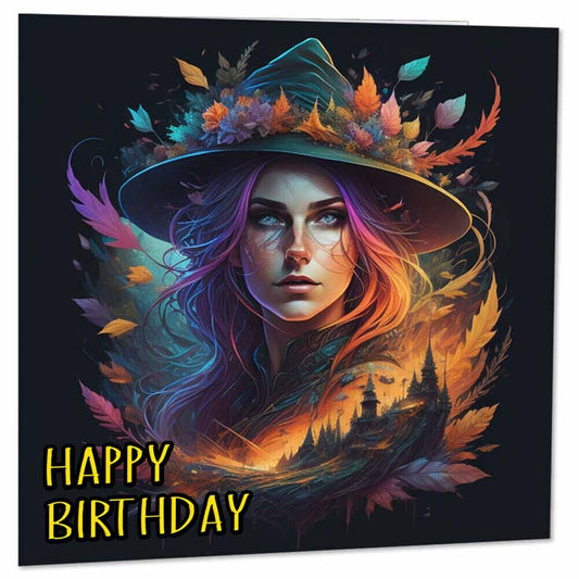 Witch Birthday Card - Fantasy Art Greeting Card 145 x 145mm - Purple Fox Gifts