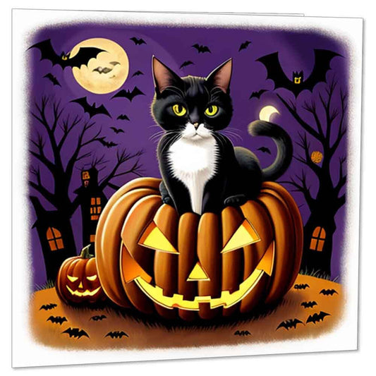 Cat In a Pumpkin Halloween Card Purple Sky Bats Moon Spooky 145 x 145mm - Purple Fox Gifts