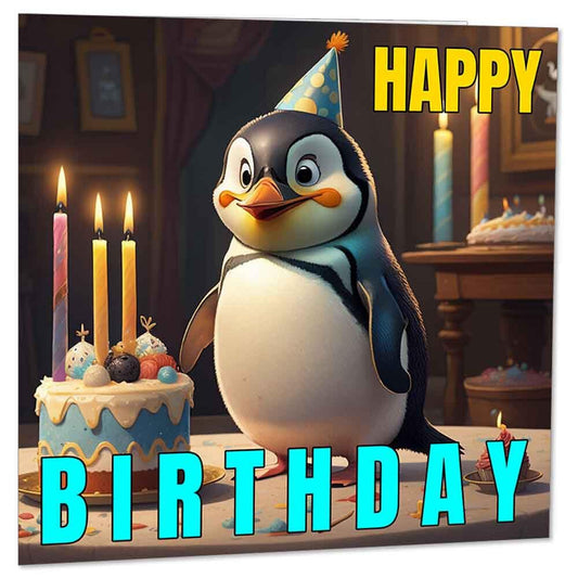 Penguin Birthday Card - Cute Happy Birthday Penguins Card 145 x 145mm - Purple Fox Gifts