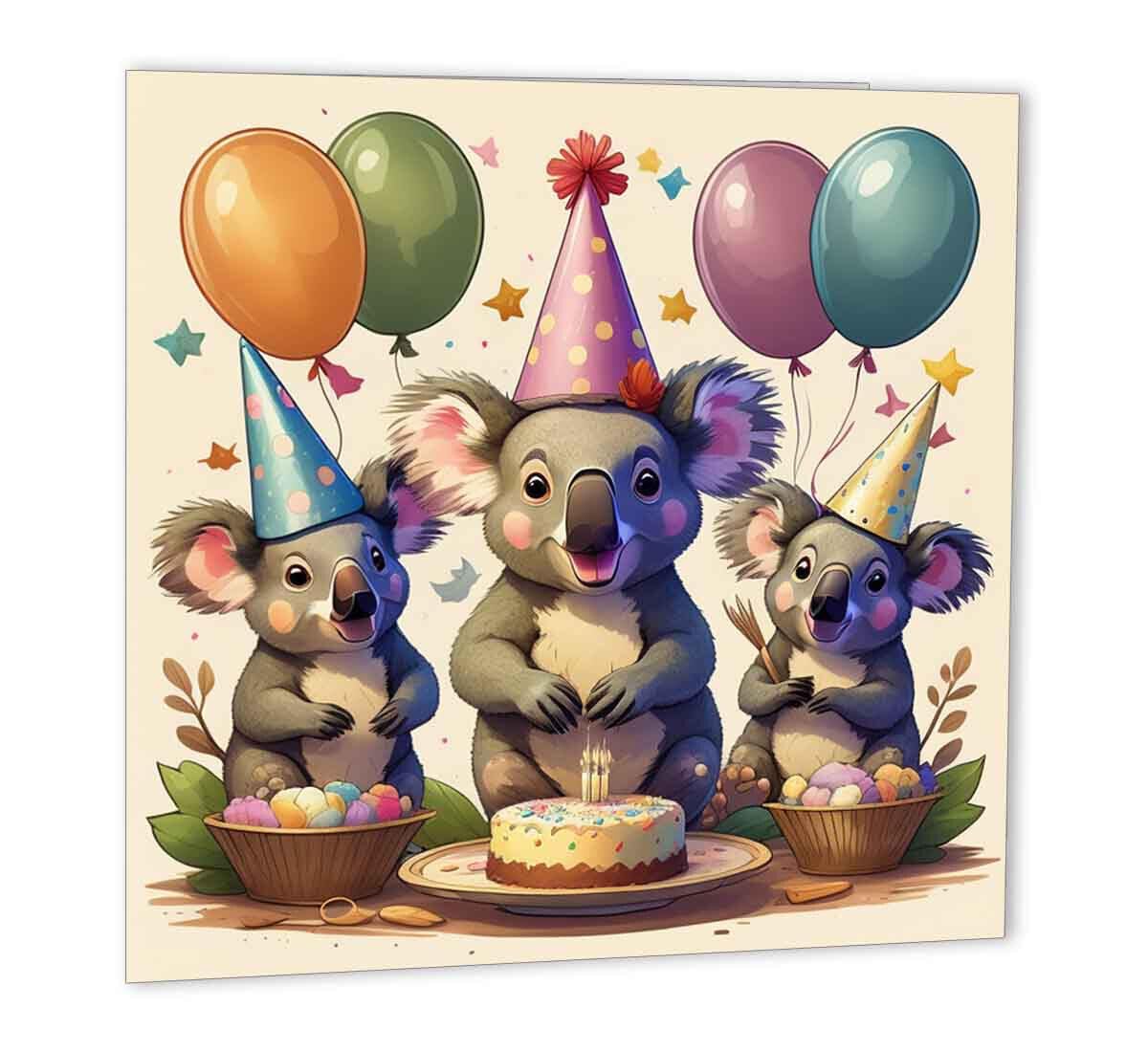 Koala Birthday Card Cute Koala Bears Greeting Card 147mm x 147mm - Purple Fox Gifts