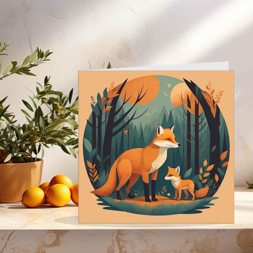 Fox and Cub In the Woods - Greeting Card - Cute Foxes Forest Drawing 145 x 145mm - Purple Fox Gifts