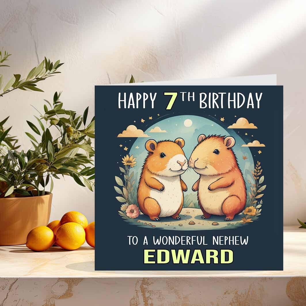 Kids Capybara Birthday Card Personalised - Any Age & Name - boy girl 145 x 145mm - Purple Fox Gifts