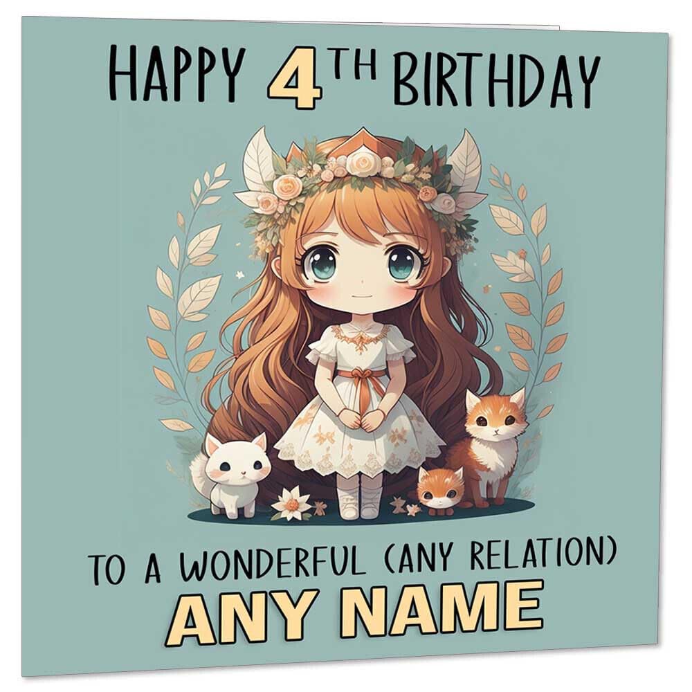 Personalised Girls Birthday Card - Any Age - Cute forest animals chibi kawaii - Purple Fox Gifts