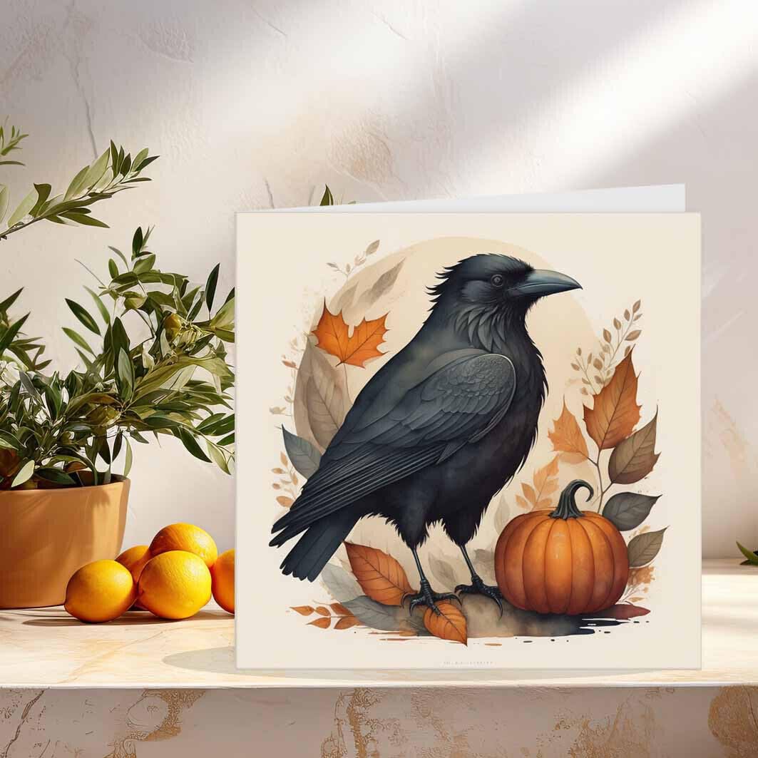 Autumn Raven Watercolour Greeting Card 145 x 145mm - Purple Fox Gifts