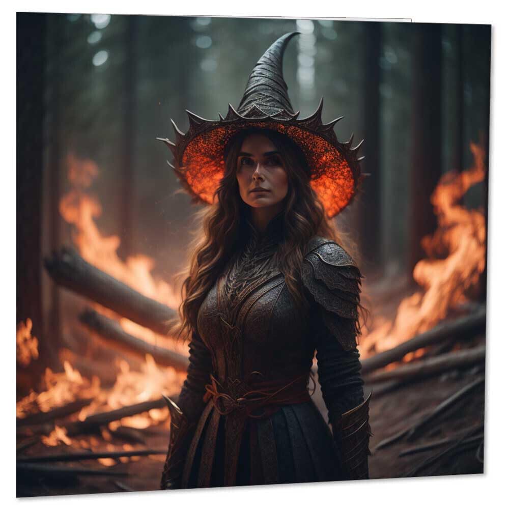 Woodland Witch Greeting Card Witches Witchcraft Fire Flaming Woods 145 x 145mm - Purple Fox Gifts