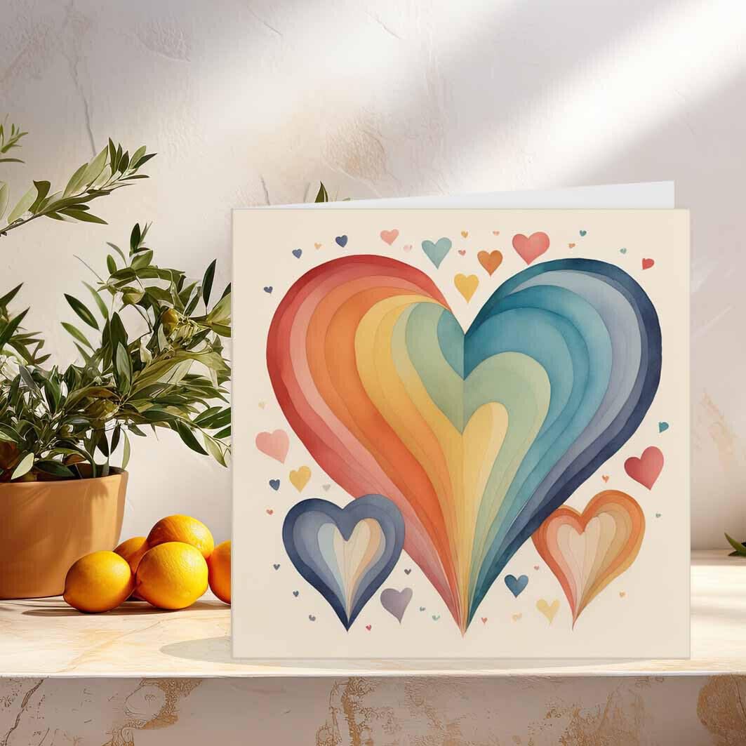 Rainbow Love Hearts Card 145 x 145mm - Purple Fox Gifts