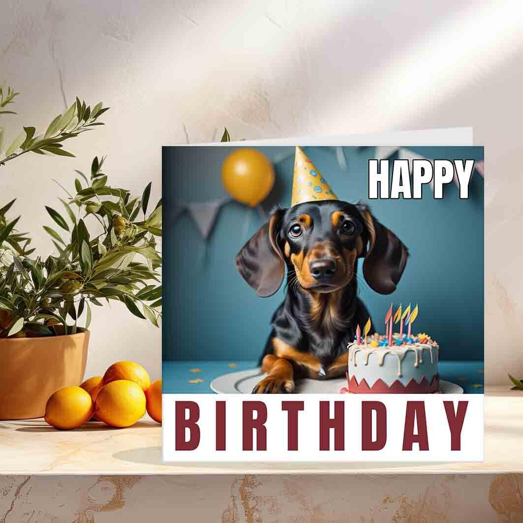 Sausage Dog Birthday Card Dachshund Birthday Cards Cute 145 x 145mm - Purple Fox Gifts