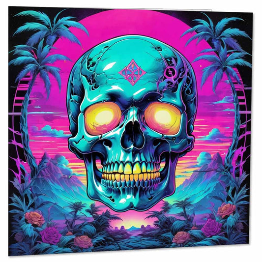 Vibrant Neon Skull Greeting Card Gothic Trippy 145 x 145mm - Purple Fox Gifts