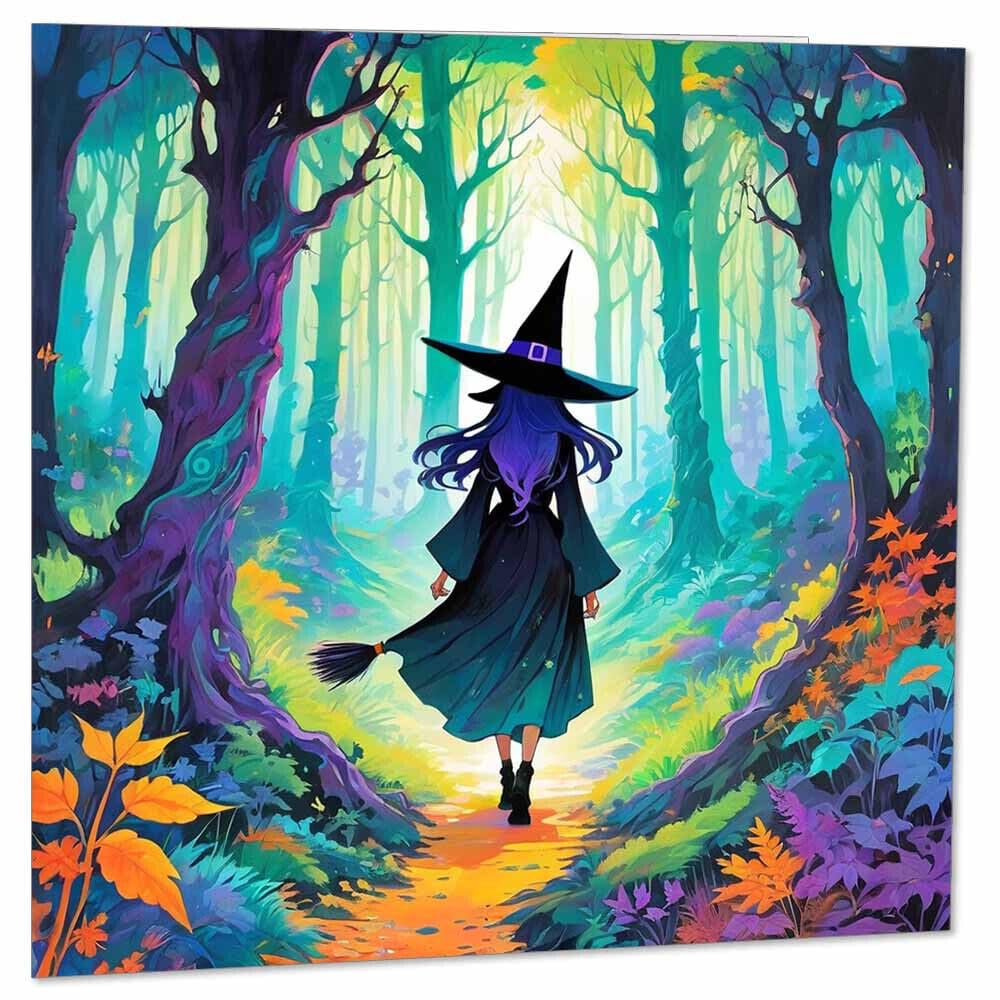 Watercolour Fantasy Witch Greeting Card - Woods Anime Witches 145 x 145mm - Purple Fox Gifts