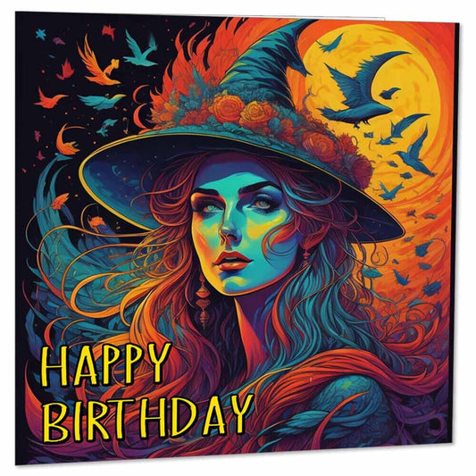 Witch Witchcraft Witches Happy birthday Card - Fantasy Psychedelic 145 x 145mm - Purple Fox Gifts