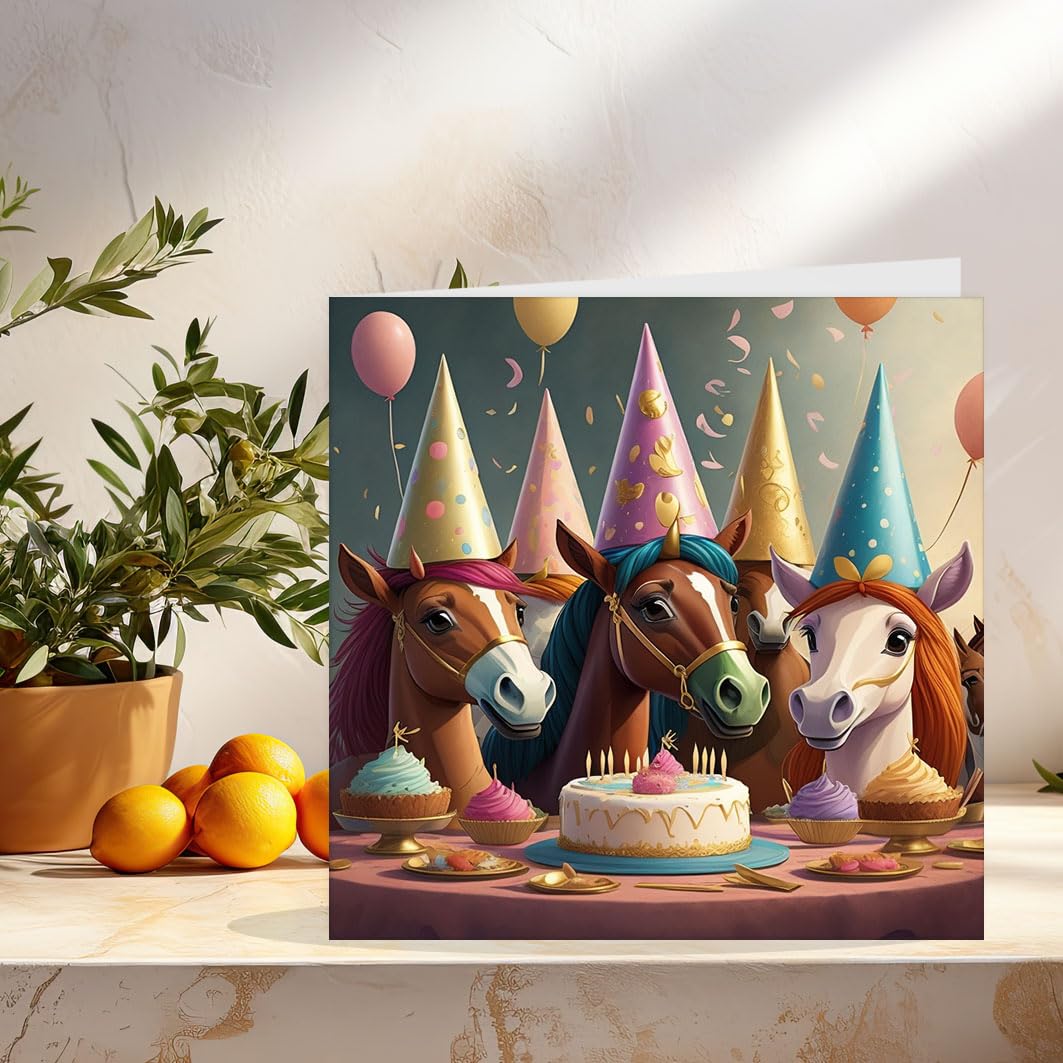 Horse Pony Birthday Card Horses Ponies Greeting Card 147mm x 147mm - Purple Fox Gifts