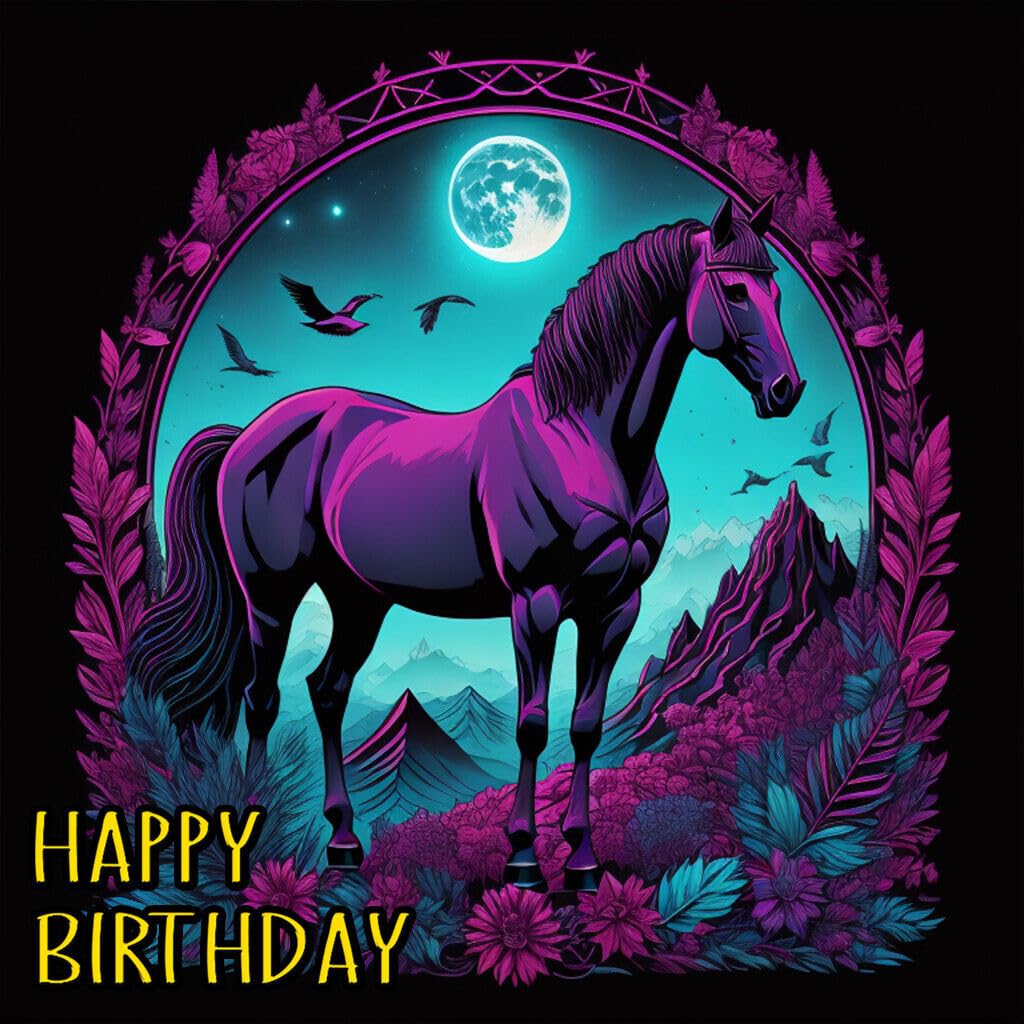 Horse Birthday Card Horses Design Beautiful Moon Greeting Card 145 x 145mm - Purple Fox Gifts